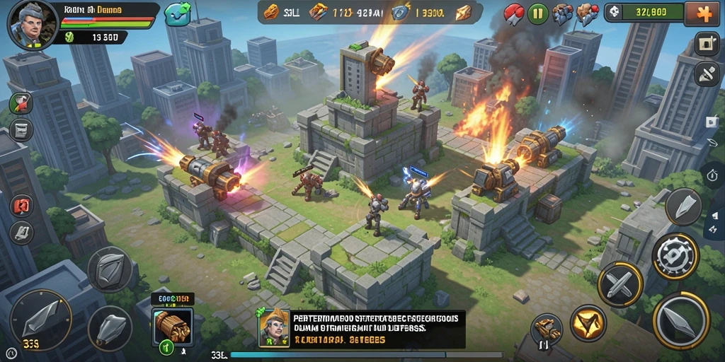 Screenshot utama 33L menampilkan aksi gameplay Tower Defense yang intens.