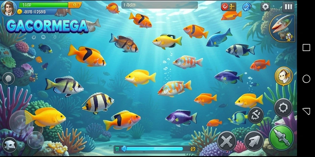 Gameplay seru GACORMEGA saat menangkap ikan dengan berbagai senjata.