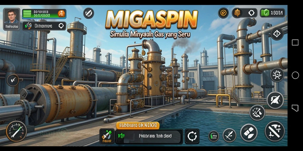 Tampilan menarik dari gameplay MIGASPIN yang menggambarkan manajemen industri minyak.